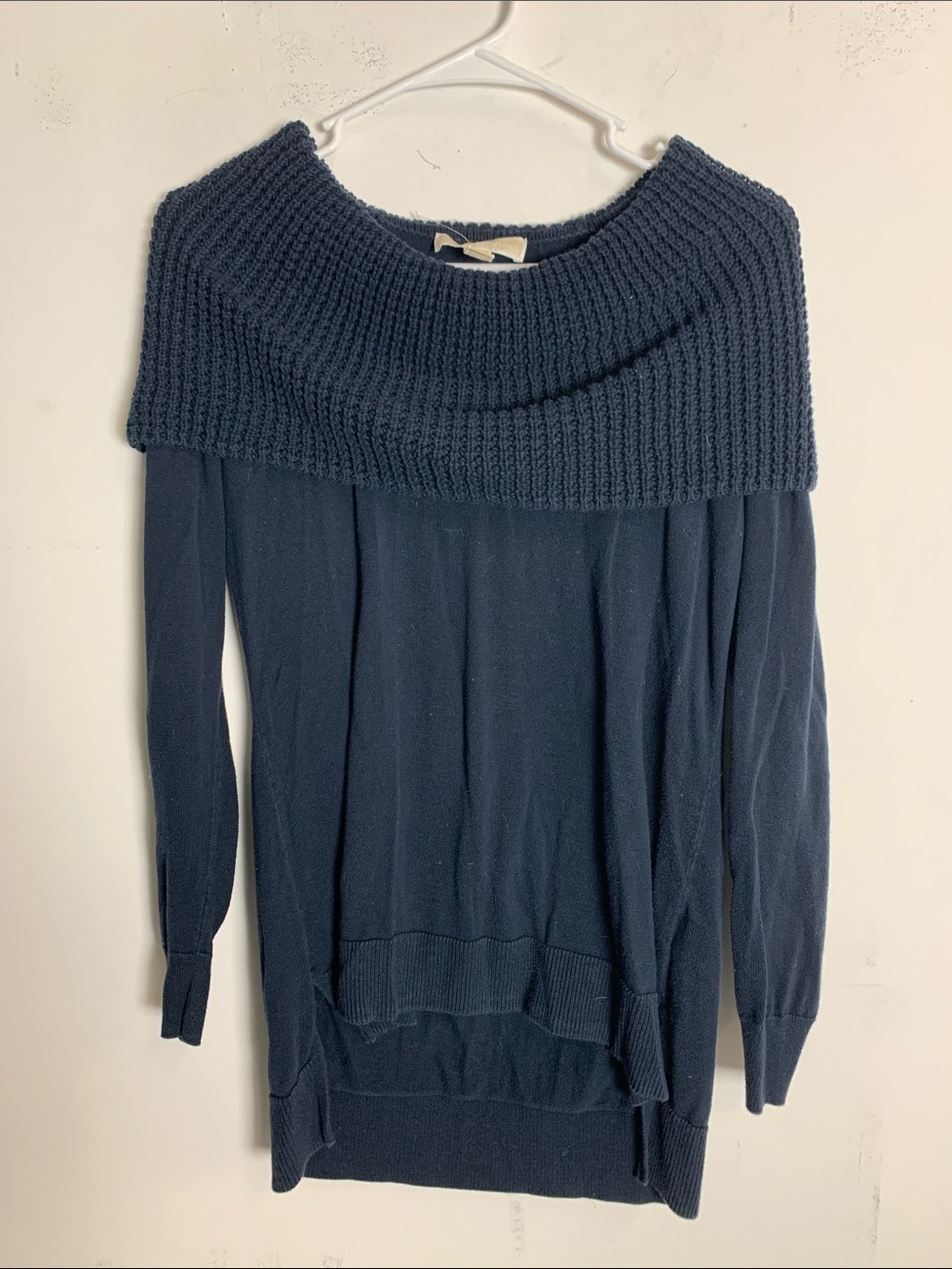 Michael Kors Navy Off-the-Shoulder Ribbed Foldover Sweater